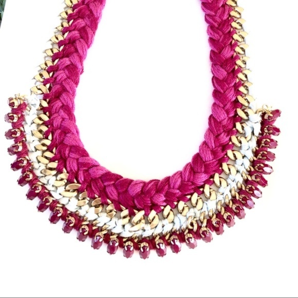 Ann taylor LOFT Neon Magenta Gold Crystal Link Braided Fringe Necklace NWT 49 - Picture 1 of 4